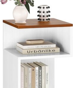 Tokyo S Flip Minimalist 3 Tier End Table with Fast Charging Station - USB C Cable Wood Nightstand for Small Spaces with Open Storage Bedside Table for Bedroom (Reverse, Natural w/Charging)