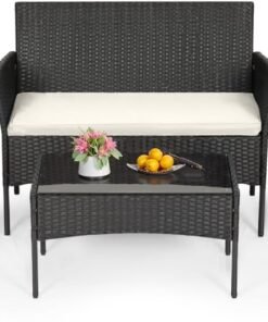 | 4-Piece Patio Furniture Set | Black | Outdoor Wicker Furniture with Coffee Table | Modern Rattan Chairs Conversation Set | Outdoor Seating | Weather-Resistant | for Porch, Garden, Lawn