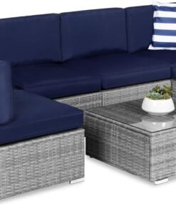 7-Piece Modular Outdoor Sectional Wicker Patio Conversation Set w/ 2 Pillows, Coffee Table, Cover Included - Gray/Navy
