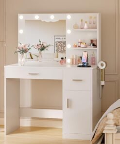 35.4" Vanity Desk with LED Mirror & Power Outlet, Makeup Vanity Table with 3 Open Storage Shelves, Drawers and Cabinet, 3 Model Adjustable Lights for Bedroom & Dressing Room (White)
