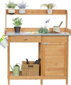 Outdoor Garden Potting Bench Table Work Bench Metal Tabletop W/Cabinet Drawer Open Shelf Natural Wood