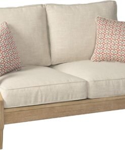 Clare View Coastal Outdoor Patio Eucalyptus Loveseat with Cushions, Beige
