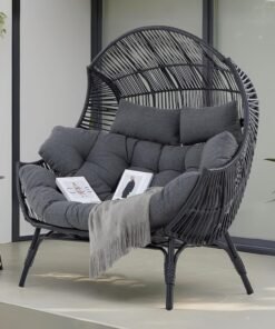 Double Egg Chair Outdoor, 2 Person Wicker Lounge Chair, Oversized Thickened Padded Cushions and Headrests, 680 Lbs Egg Loveseat for Indoor, Patio, Living Room, Porch, Balcony, Dark Grey